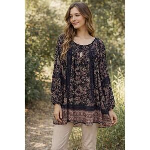Knox Rose Paisley Boho Cottagecore Tunic Blouse Long Sleeve Lagenlook L
